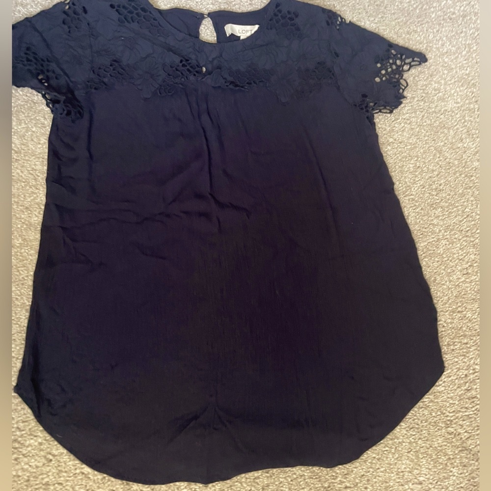LOFT navy top with eyelet short sleeves